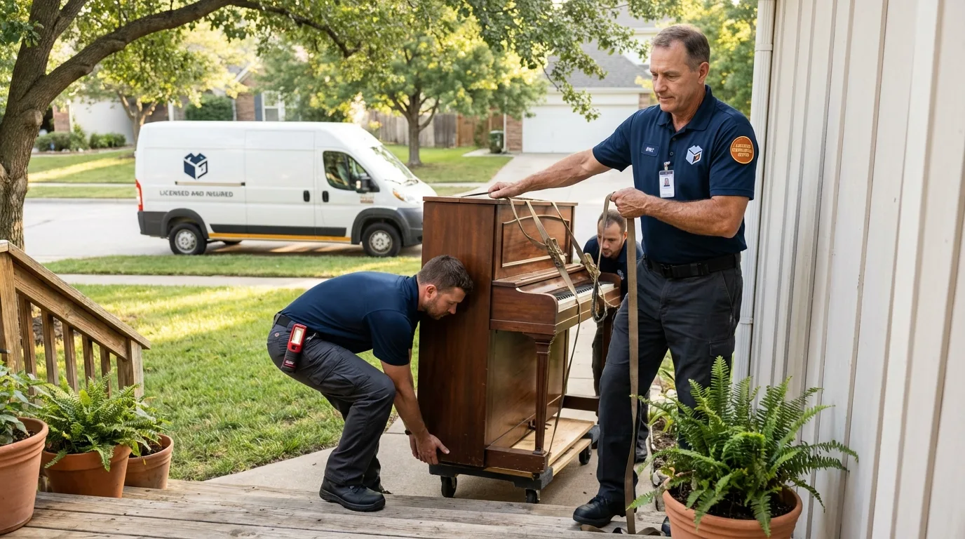 Licensed piano movers securing grand piano in Willow Grove, PA