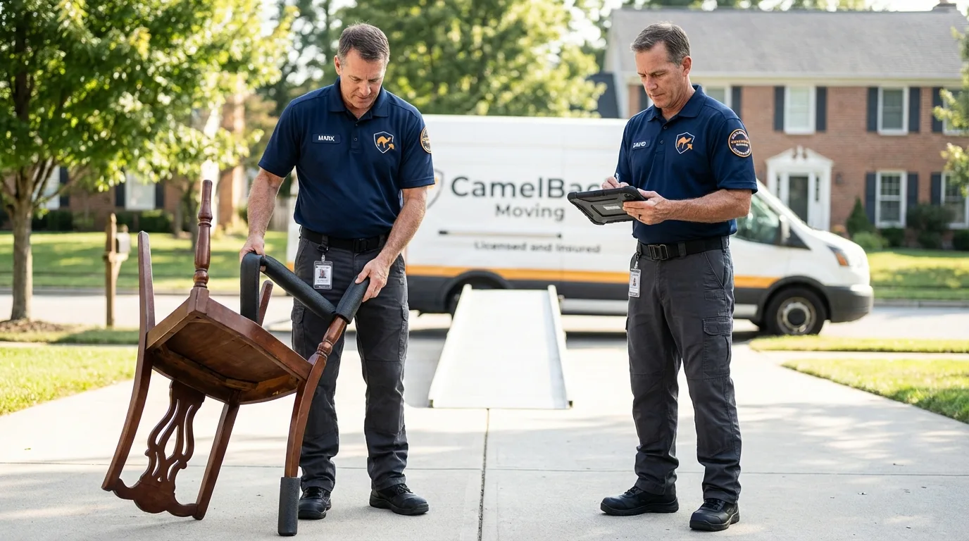 Movers inspecting furniture for damage prevention before loading in Willow Grove, PA