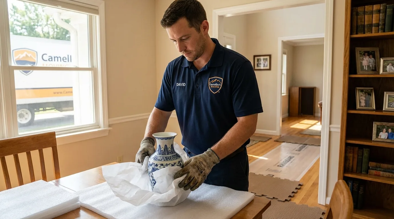 Professional crew carefully wrapping antique vase for senior downsizing move in Willow Grove, PA